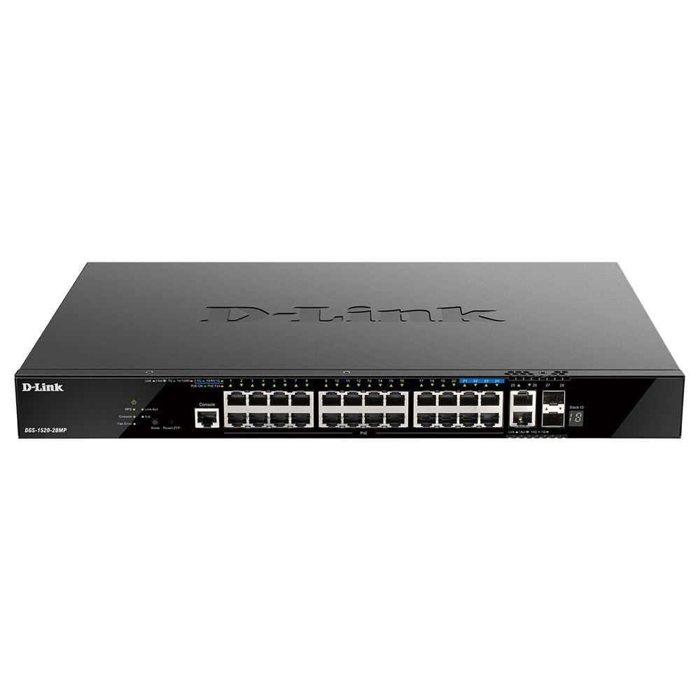 D-Link DGS-1520-28MP switch di rete Gestito L3 Gigabit Ethernet (10/100/1000) Supporto Power over Ethernet (PoE) 1U Nero